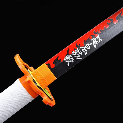 Demon Slayer Rengoku Kyojuro Samurai Sword – Flame Pillar Wooden Katana With Light Effect | Anime Cosplay Prop Sword for Kids & Collectors (Black & Red Blade)