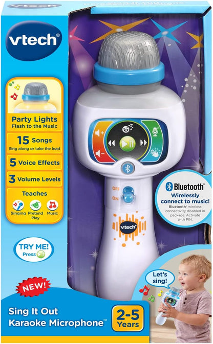 VTech Sing It Out Karaoke Microphone | Bluetooth Wireless Kids Karaoke Mic with Voice Effects, Lights, Music & Recording Function | White