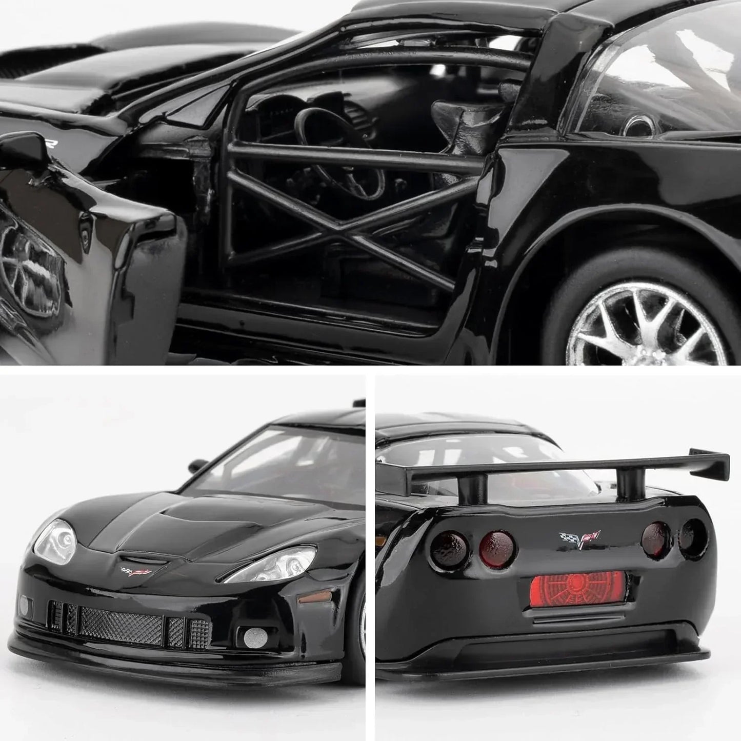 RMZ City 1:36 Chevrolet Corvette C6R Die-Cast Car | Openable Doors & Pull-Back Action | Metal Model Toy (Black / Yellow)