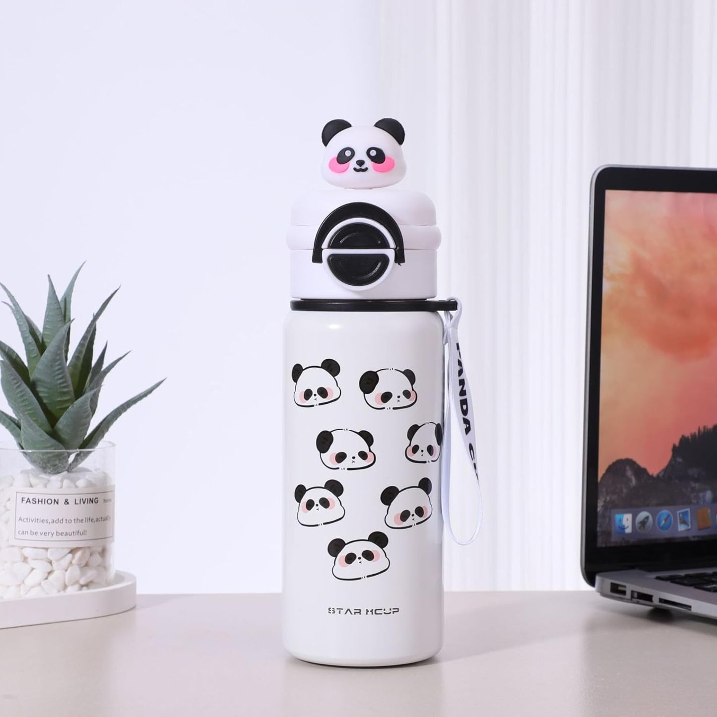 Panda Kids Water Bottle 500ML with Straw Lid – Leakproof Cartoon School Water Bottle for Children (White)
