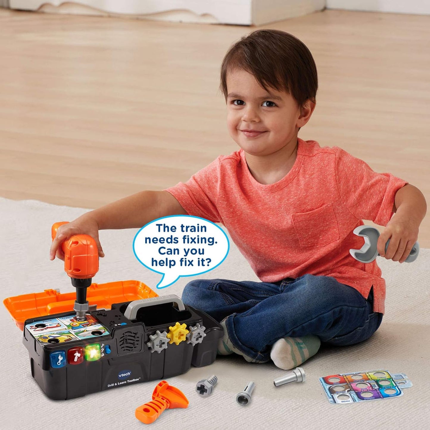VTech Drill and Learn Toolbox | Interactive Electronic Tool Set with Toy Drill, Lights, Sounds & STEM Learning Activities | Orange
