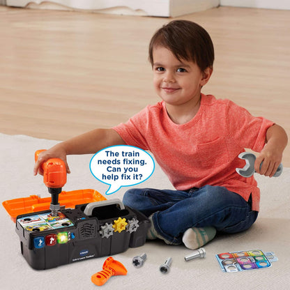 VTech Drill and Learn Toolbox | Interactive Electronic Tool Set with Toy Drill, Lights, Sounds & STEM Learning Activities | Orange
