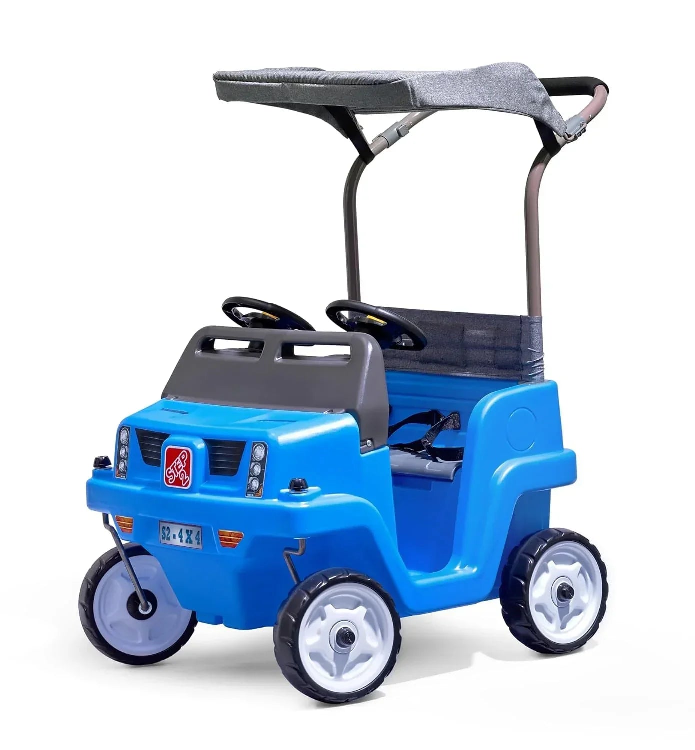 Step2 Side-by-Side Push Around SUV Ride-On Car for Kids | 2-Seater Push Car with Seat Belts, Dual Steering Wheels, Horns & Adjustable Canopy – Blue