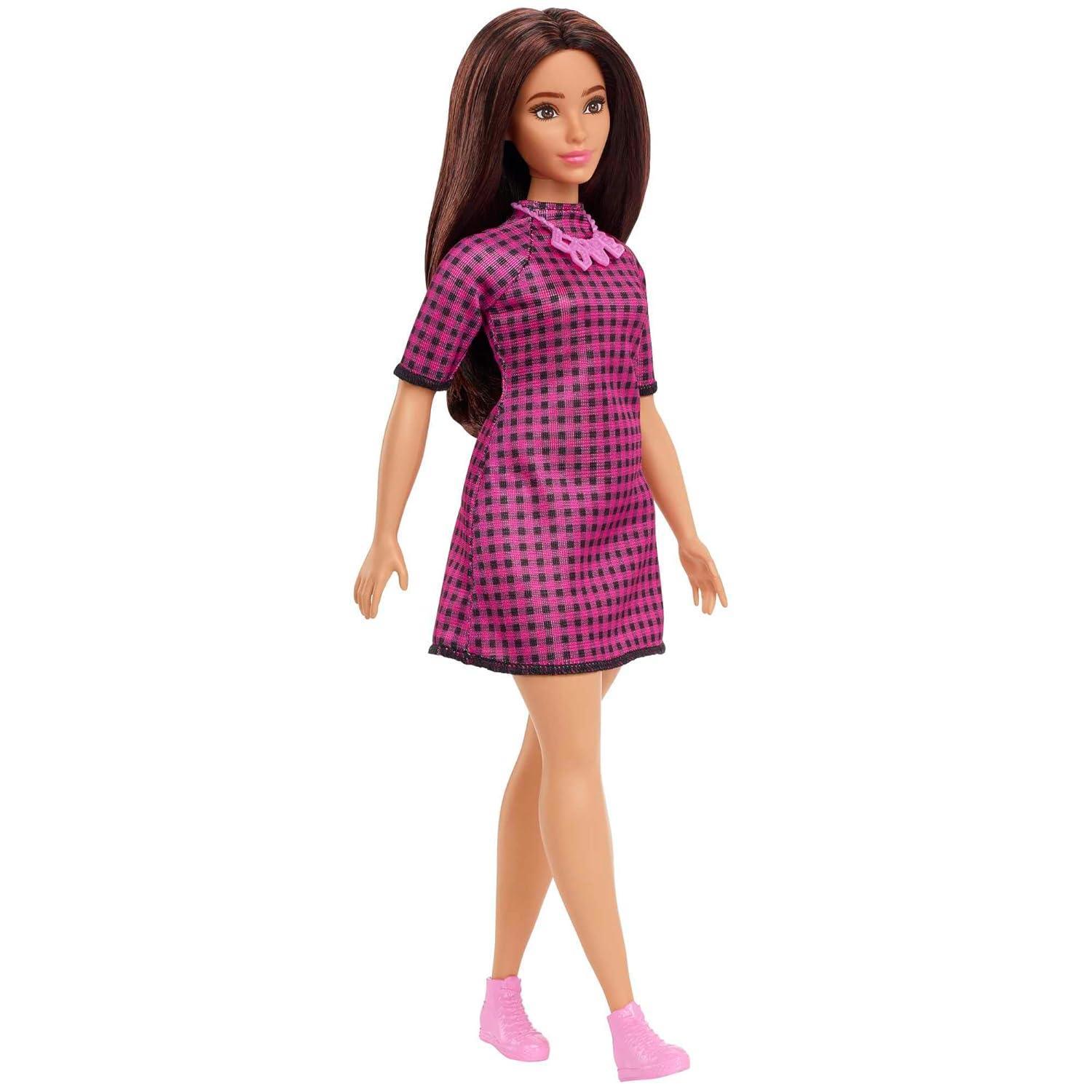 Barbie Fashionistas Doll #188, Curvy, Black Hair, Pink & Black Checkered Dress, Love Necklace, Pink Sneakers, Toy for Kids Ages 3 and Up - Jaiman Toys
