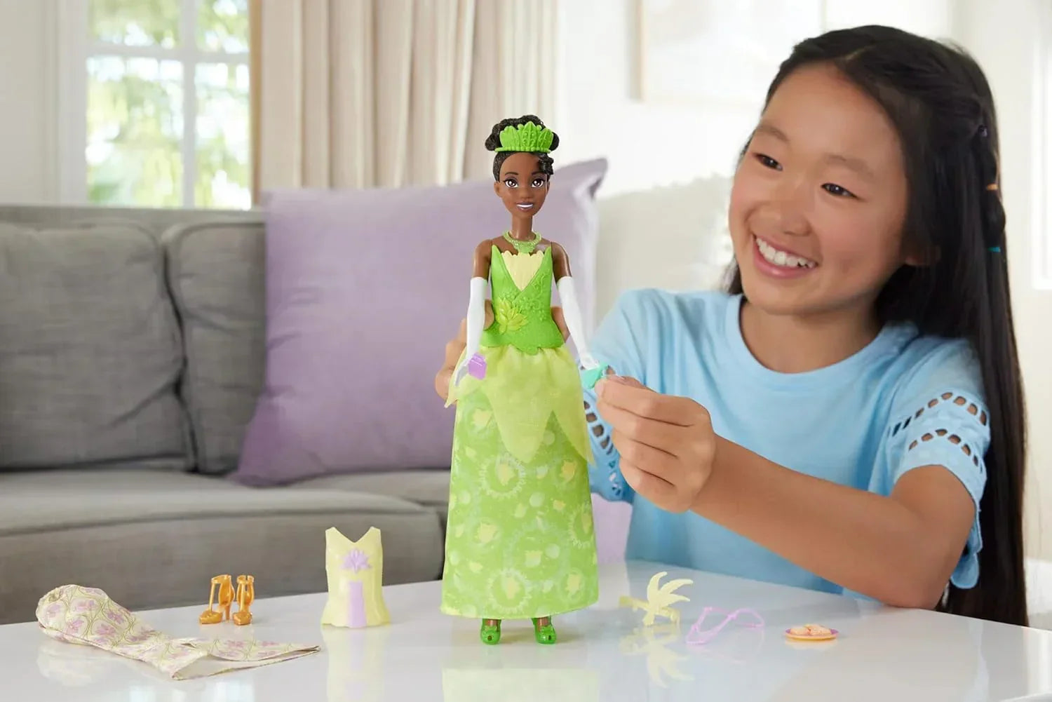 Disney Princess 2-in-1 Stories Tiana Fashion Doll with 2 Snap-On Bodices, 2 Skirts & 9 Accessories - Jaiman Toys