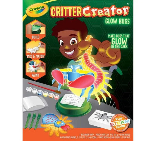 Crayola Critter Creator Glow Bugs kit for kids with bug molds, glow paint, and art supplies.