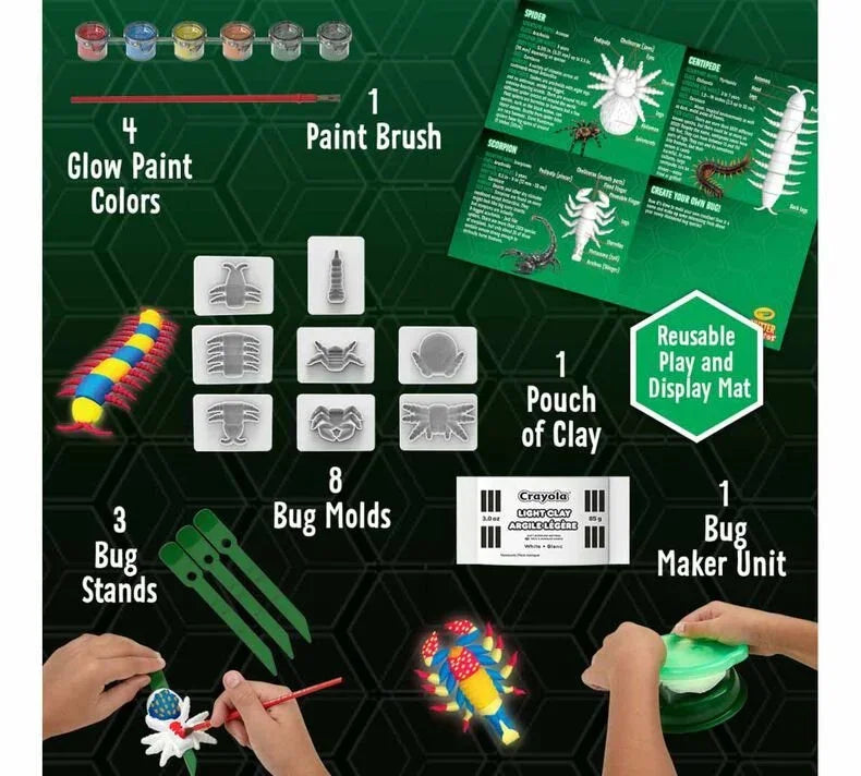 Glow bug creator kit with paint colors, brush, bug molds, clay, play mat, and bug maker unit
