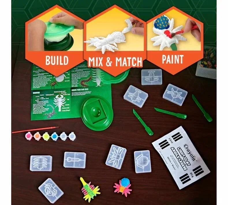 Critter Creator Glow Bugs craft kit with bug molds, paint set, sculpting tools, and instructions displayed on a table.