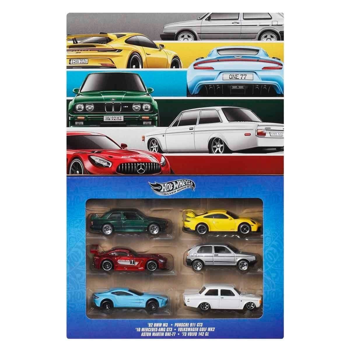 Hot Wheels Silver Series Premium 6-Car Gift Pack Die-Cast Set | Porsche 911 GT3, BMW M3, Mercedes-AMG GT3 & More
