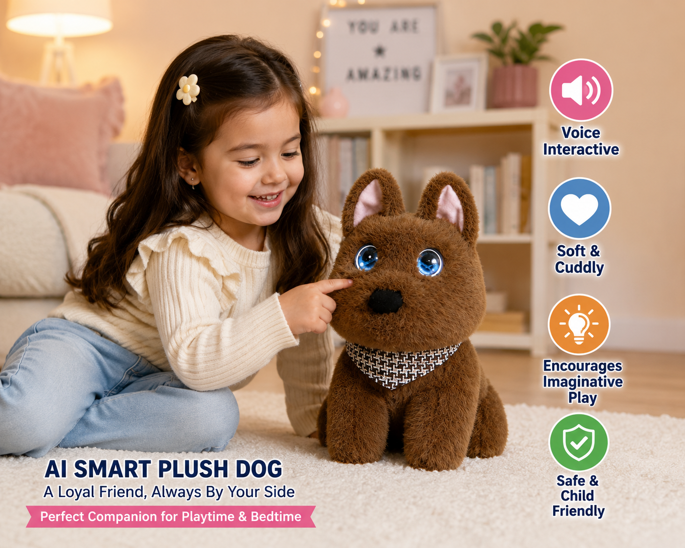Breatoi! AI Smart Interactive Plush Dog Toy with Voice Interaction, Soft Stuffed Puppy Companion, Talking & Sound Responsive Plush Animal for Kids | Gift for Boys & Girls 3+ Years - Brown