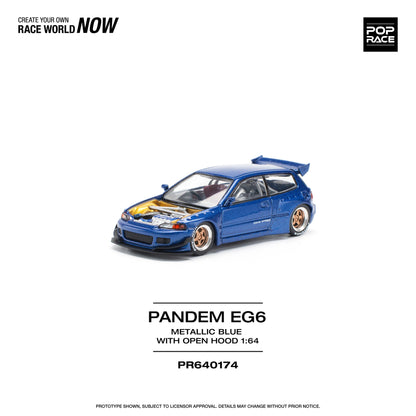 POP RACE 1:64 Pandem Honda Civic EG6 Metallic Blue with Opening Hood Diecast Model Car | PR640174 | Official Licensed Collectible