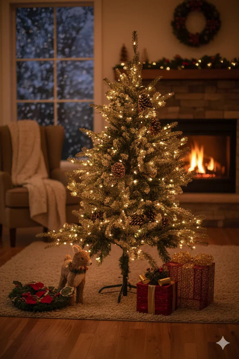 SWEN Balsam 4-Feet Christmas Tree with Light Frosting & Large Pine Cones | Premium Snow-Kissed Holiday Décor