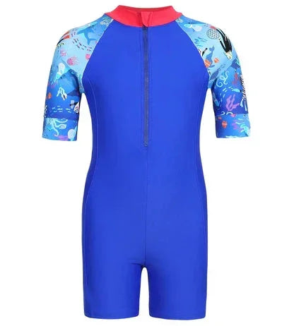 Speedo Kids Swimwear Blue Short Sleeve Swim Suit with Sea-Themed Sleeves, UPF Protection & Front Zip - Jaiman Toys