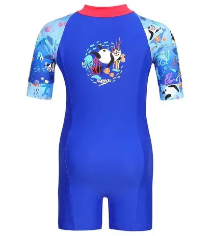 Speedo Kids Swimwear Blue Short Sleeve Swim Suit with Sea-Themed Sleeves, UPF Protection & Front Zip - Jaiman Toys