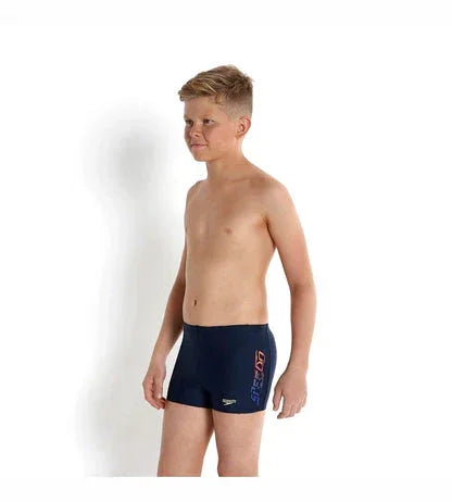 Speedo Boy's Endurance 10 Tech Logo Panel Print Aquashort – Navy & Deep Peri, Size 28 | Chlorine Resistant & Comfortable Swimwear - Jaiman Toys