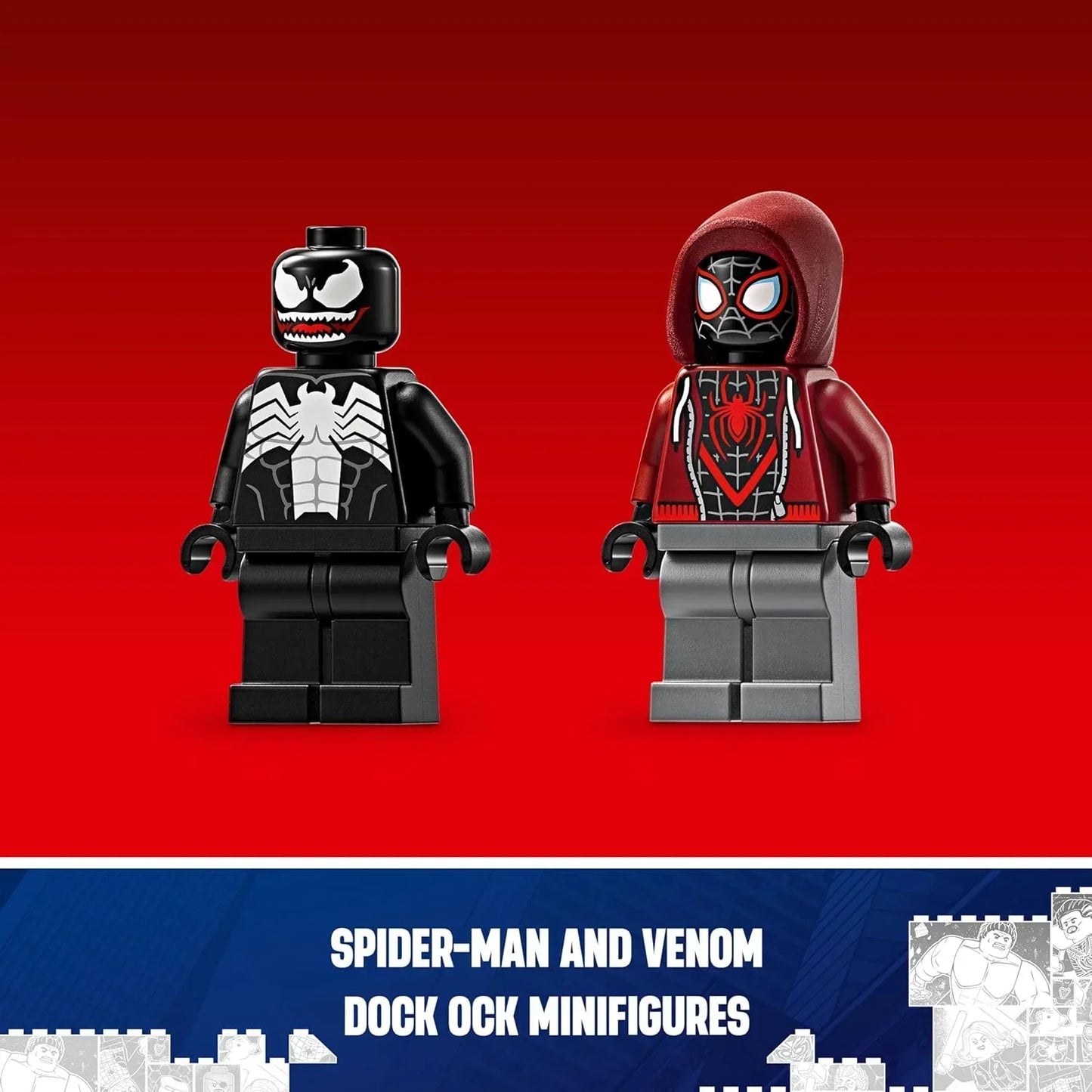 LEGO Spider-Man and Venom minifigures on red background, collectible toy figures