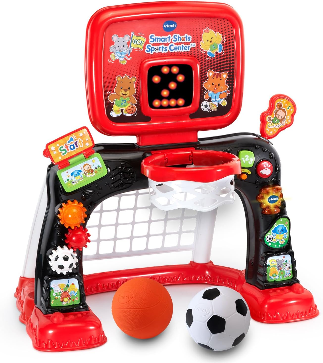 VTech Smart Shots Sports Center Interactive Basketball & Soccer Goal Set for Toddlers, Red | Lights, Sounds & Educational Sports Toy