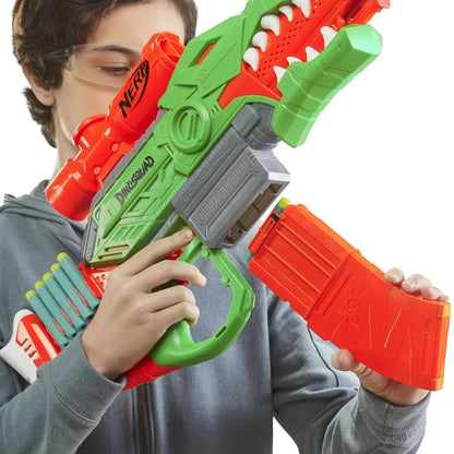 Nerf DinoSquad Rex-Rampage Motorized Dart Blaster, 10-Dart Clip, 20 Official Darts, 10-Dart Storage- T-Rex Dinosaur Design - Jaiman Toys