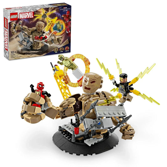 LEGO Marvel Spider-Man Sandman showdown set with minifigures and action elements.