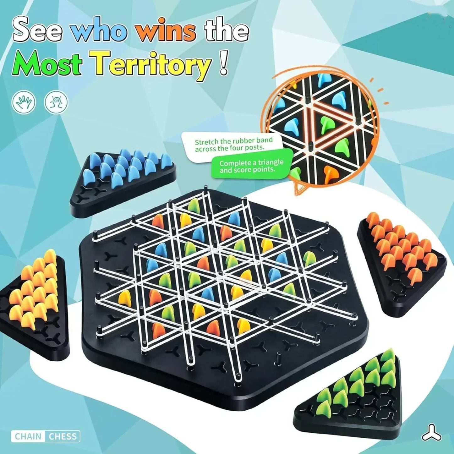 Triangle Chess Triggle Rubber Band Strategy Board Game | STEM Geoboard Puzzle for Kids & Adults | 2–4 Player Family Brain Teaser