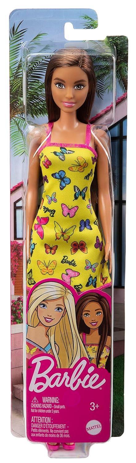 Barbie Doll (11.5 inches) with Colorful Butterfly Logo Print Yellow Dress & Strappy Heels, Great Gift for Ages 3 Years Old & Up - Jaiman Toys