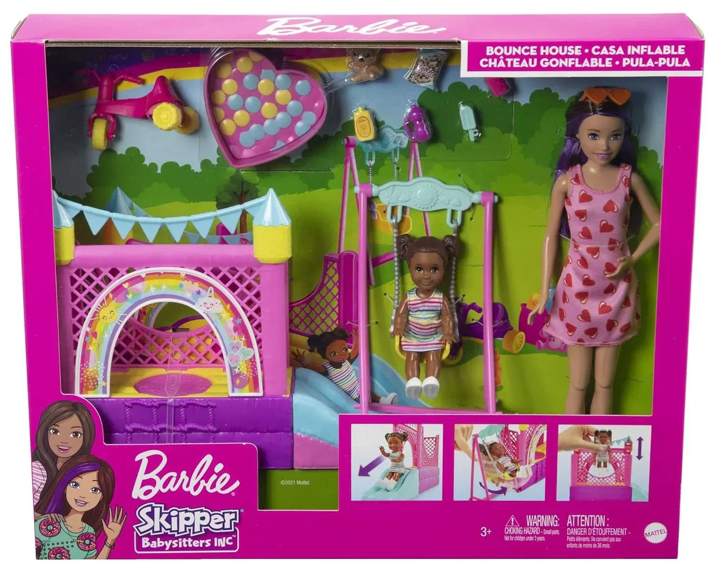 Barbie Skipper™ Babysitters Inc.™ Bounce House Playset with Skipper™ Babysitter Doll, Toddler Doll, Swing & Accessories, Toy for 3 Year Olds & Up - Jaiman Toys