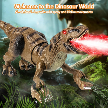 2.4GHz Remote Control T-Rex Dinosaur Toy with Mist Spray, Lights & Sound – Walking RC Robot Dinosaur with 360° Head Movement for Kids