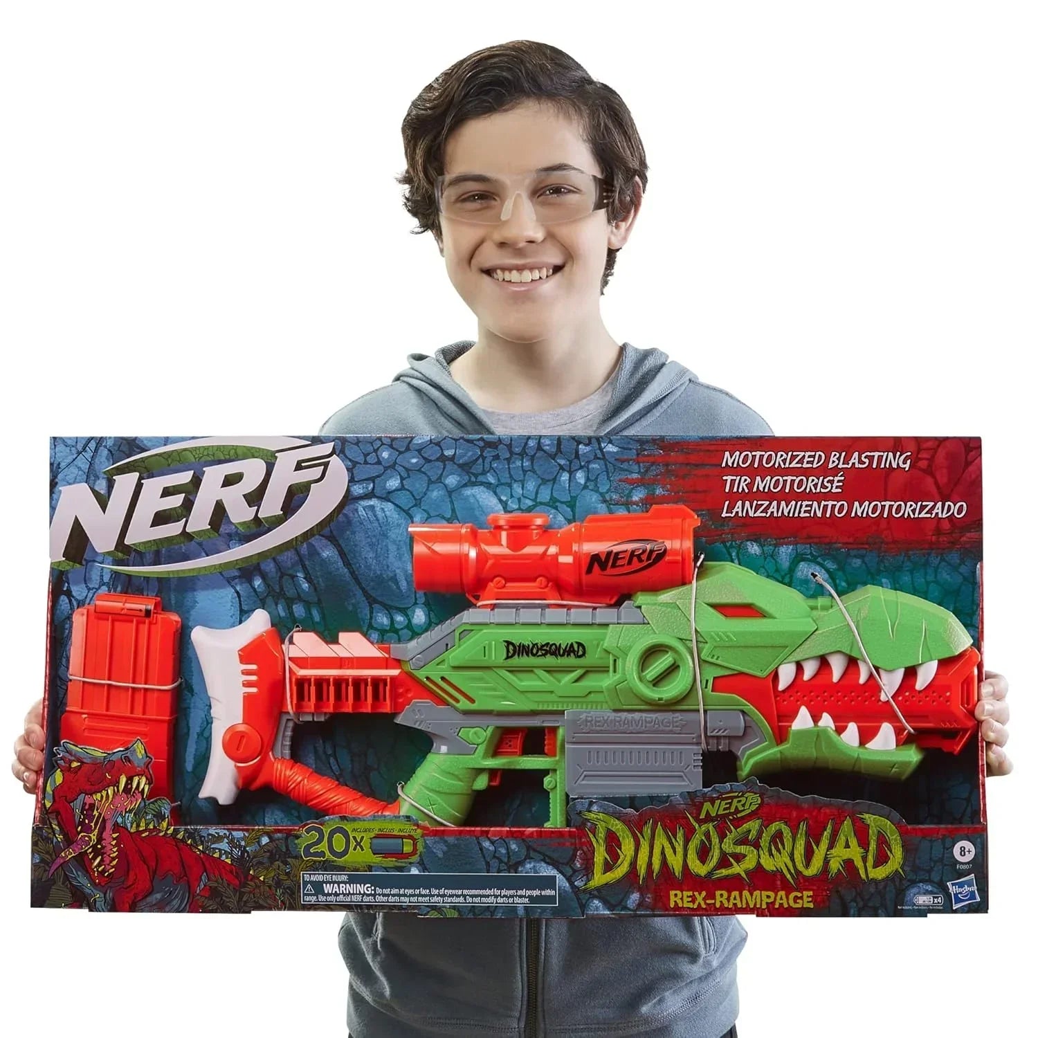 Nerf DinoSquad Rex-Rampage Motorized Dart Blaster, 10-Dart Clip, 20 Official Darts, 10-Dart Storage- T-Rex Dinosaur Design - Jaiman Toys