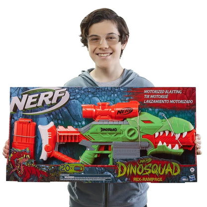 Nerf DinoSquad Rex-Rampage Motorized Dart Blaster, 10-Dart Clip, 20 Official Darts, 10-Dart Storage- T-Rex Dinosaur Design - Jaiman Toys