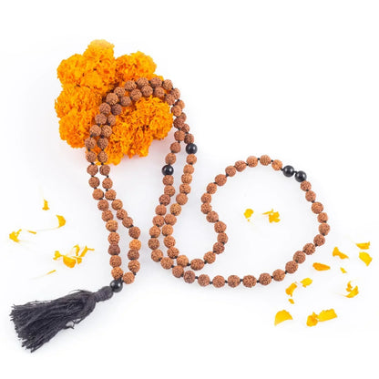 Maha Mala Rudraksha 108 Beads Japa Mala with Black Tourmaline | Hand-Knotted, Ahimsa Silk Tassel | Handmade in India