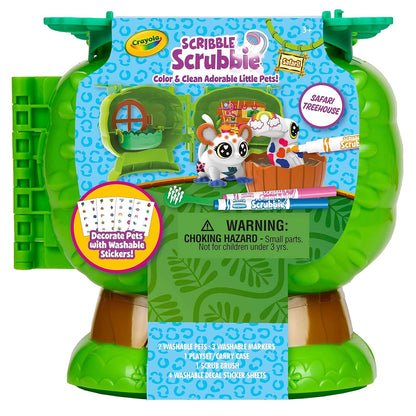 Crayola Scribble Scrubbie Pets Safari Treehouse Playset, Flocked Color and Wash Jungle Pets, Washable Markers, Stickers, Tub, Brush, Carry Case with Storage,3+