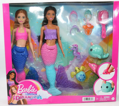 Barbie Mermaid Set with 2 Brunette Dolls (12-in/30.40-cm), Colorful Mermaid Clothes, 4 Sea Pet Toys, 2 Tiaras, Headband, Necklace & Brush, Toy Gift for Ages 3 Years Old & Up - Jaiman Toys