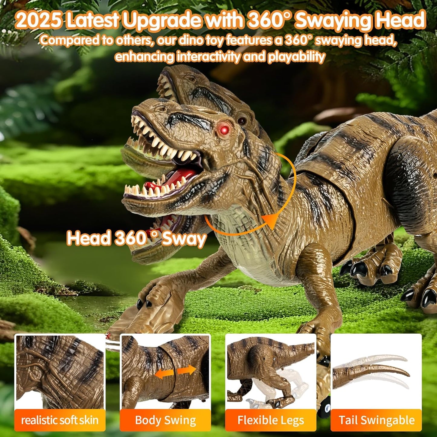 2.4GHz Remote Control T-Rex Dinosaur Toy with Mist Spray, Lights & Sound – Walking RC Robot Dinosaur with 360° Head Movement for Kids