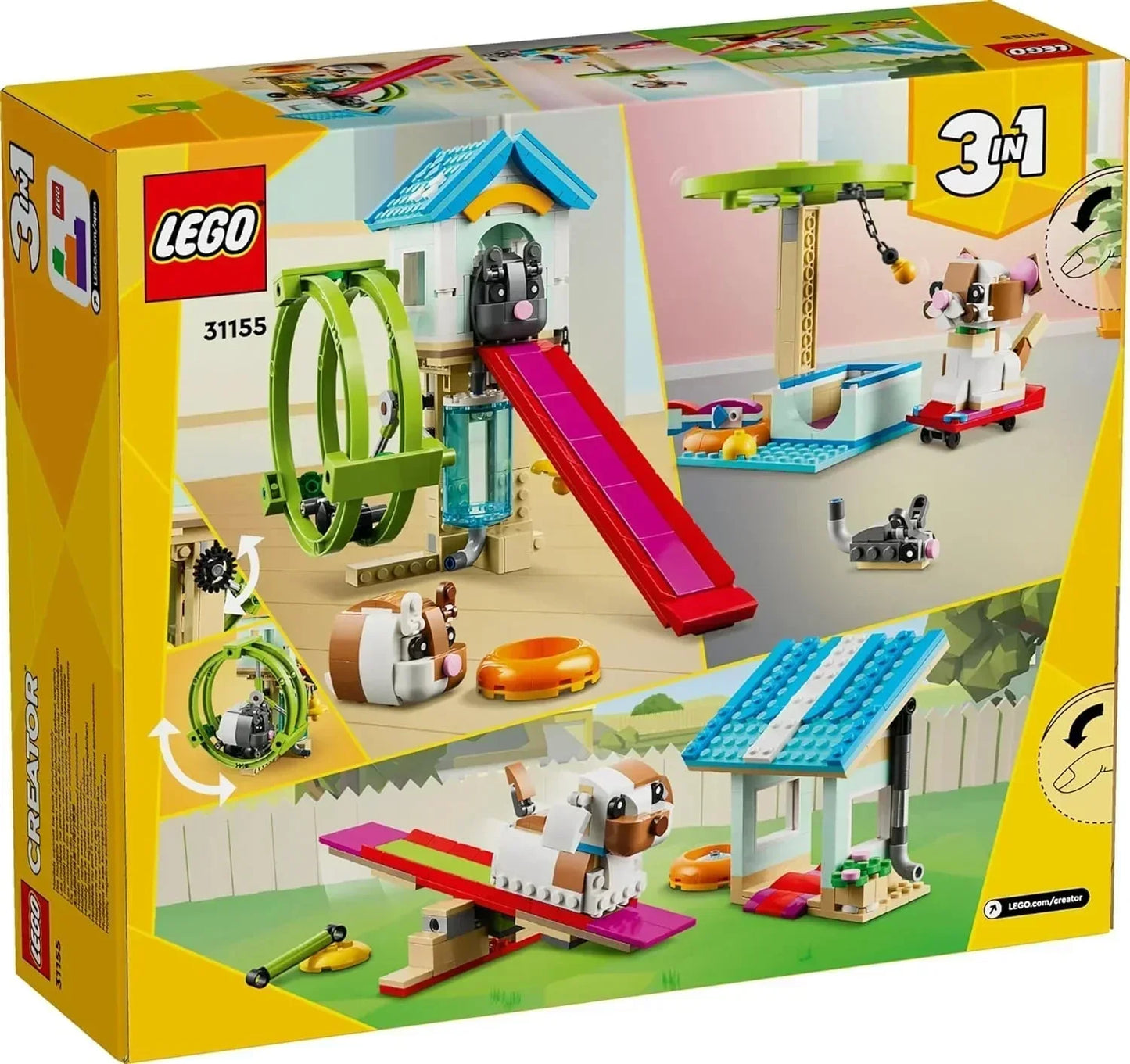 LEGO Creator 3-in-1 31155 pet shop building set box featuring animal figures and playhouse