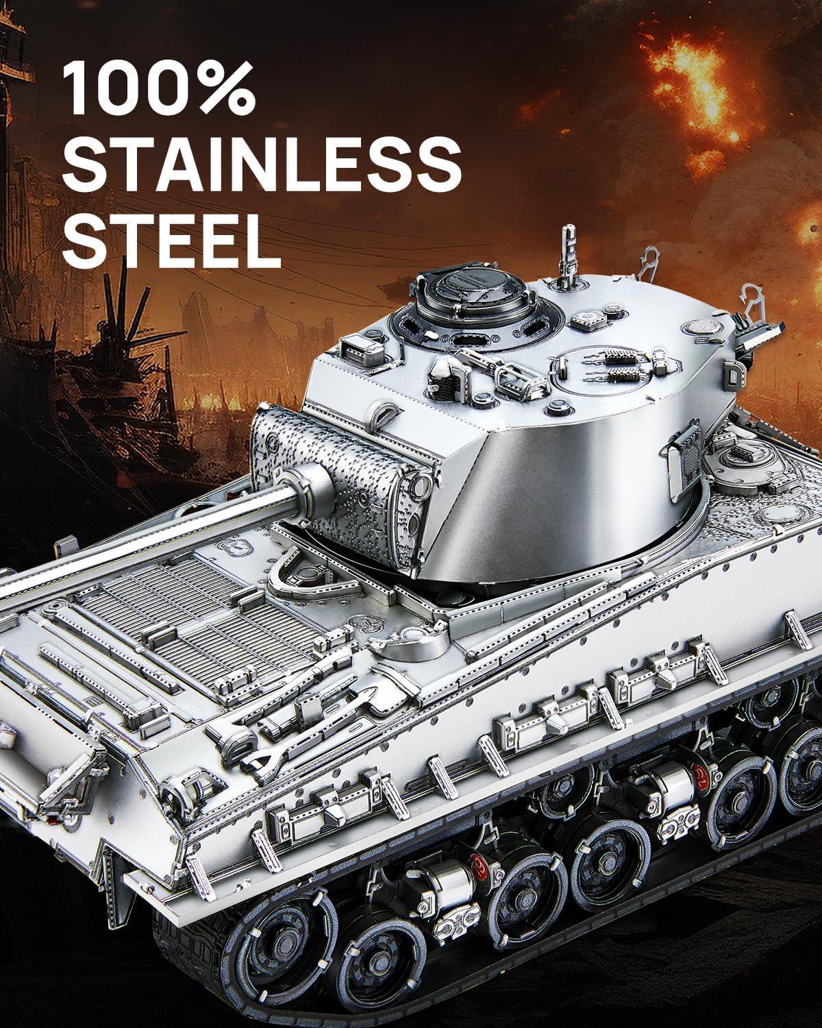 Piececool 3D Metal Puzzle M4 Sherman Medium Tank – 512 Pieces – Military Series – Difficulty Level 4 – Stainless Steel DIY Model Kit-Age16+