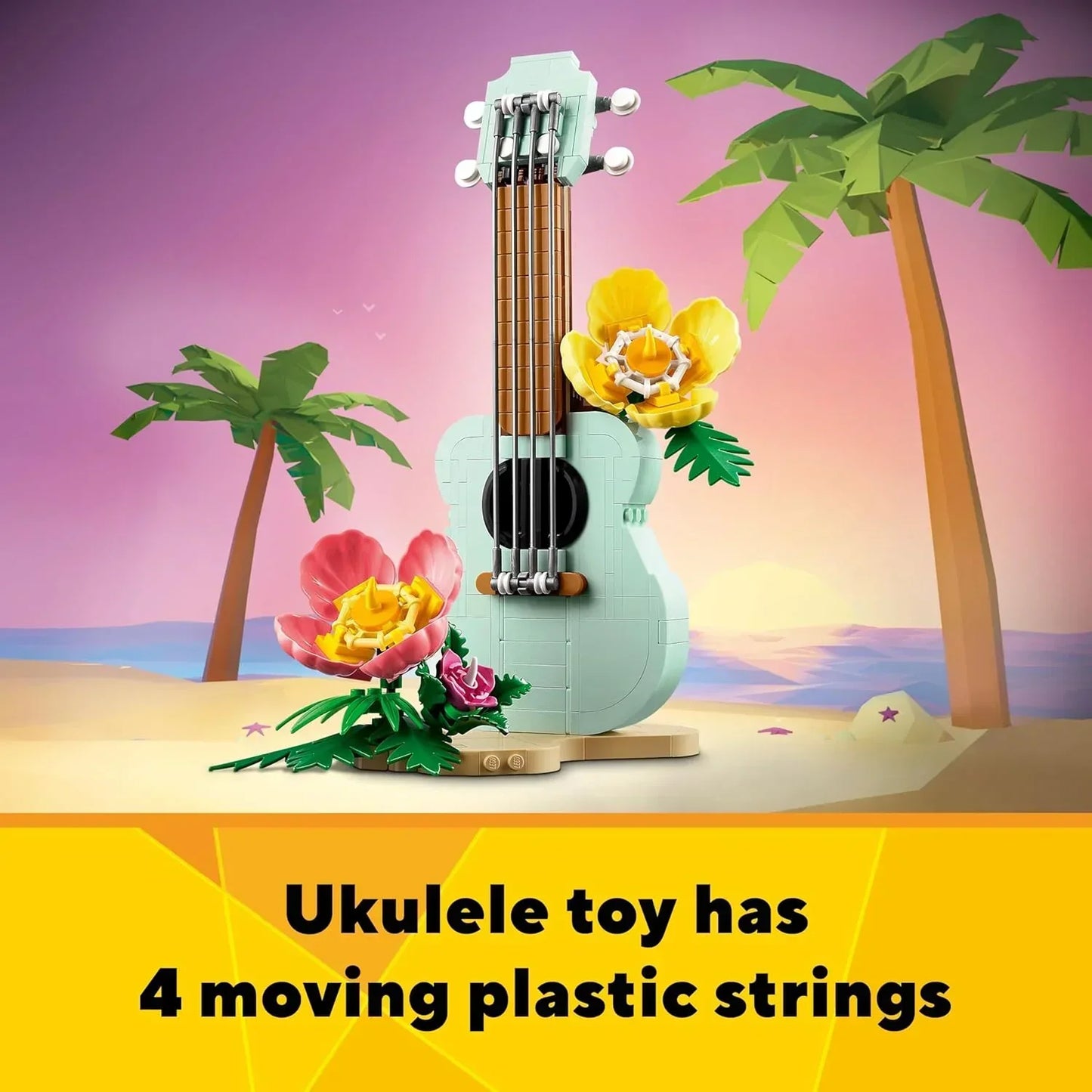 LEGO ukulele toy with four moving plastic strings, tropical beach background, colorful flowers.