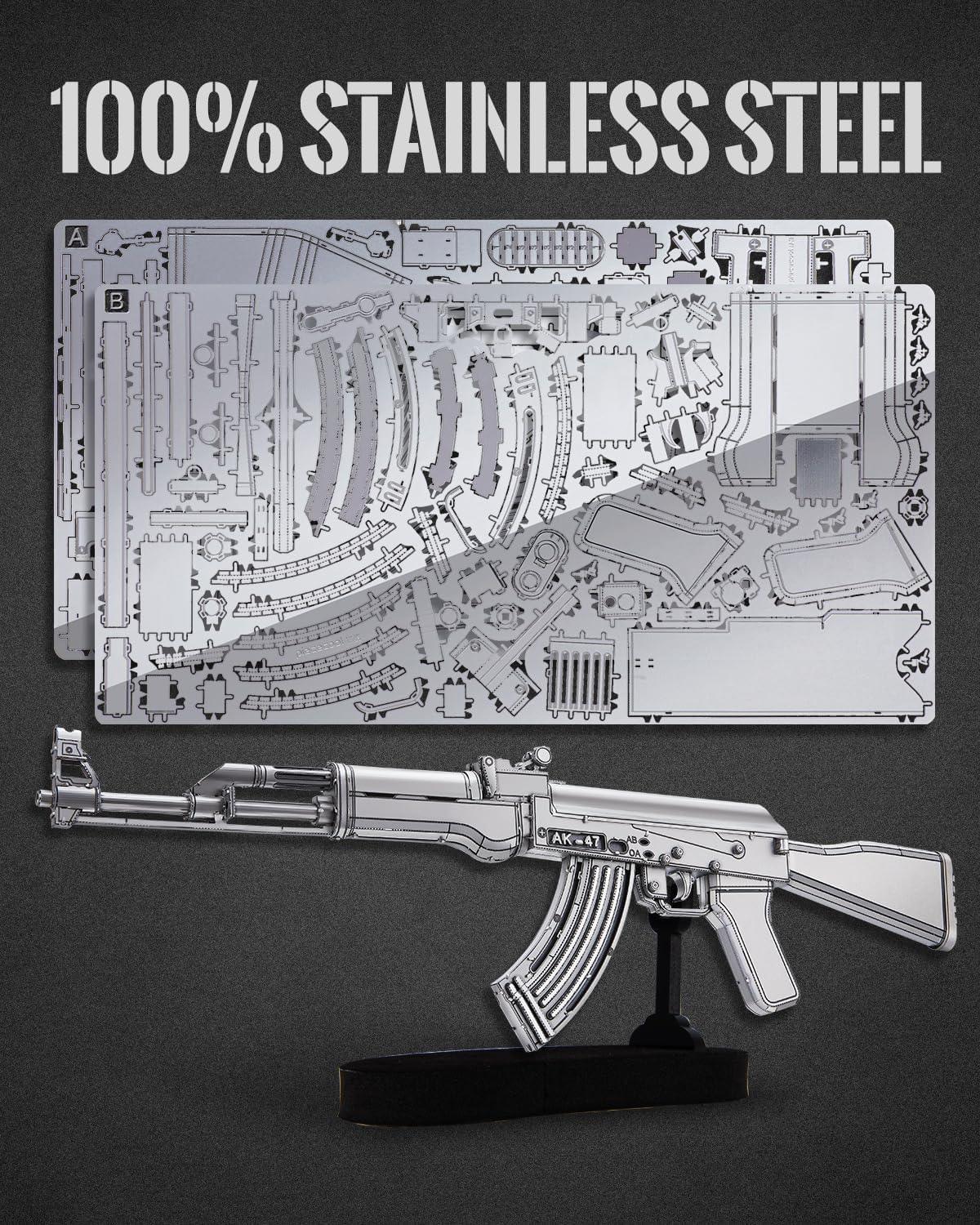 Piececool 3D Metal Puzzle AK-47 Assault Rifle Model – 121 Pieces – Level 3 Difficulty – Stainless Steel DIY Model Kit