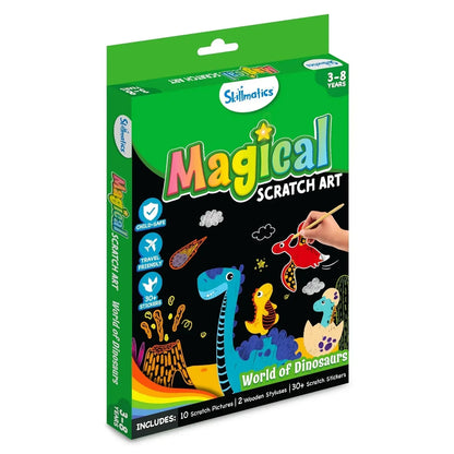 Skillmatics Magical Scratch Art Book for Kids - Dinosaurs, Craft Kits & Supplies, DIY Activity & Stickers, Gifts for Toddlers, Girls & Boys Ages 3, 4, 5, 6, 7, 8, Travel Toys - Jaiman Toys