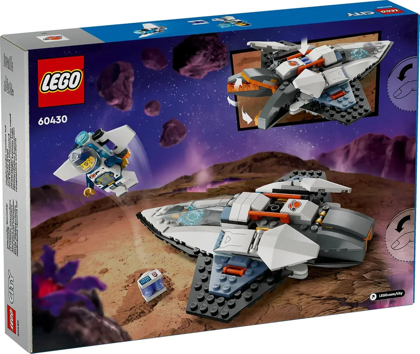 LEGO City set 60430 space shuttle toy with astronaut minifigure and robot on alien planet
