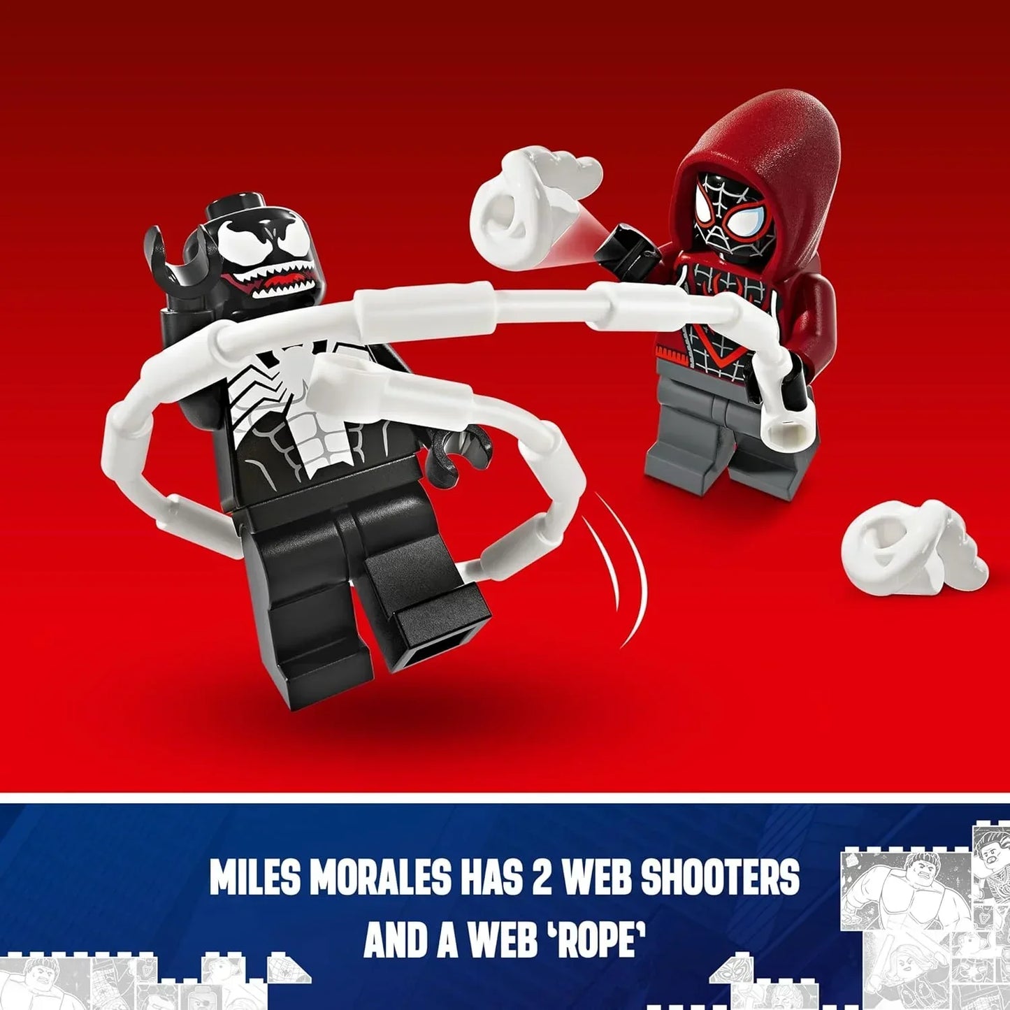 LEGO Miles Morales minifigure with web shooters battling Venom minifigure on red background