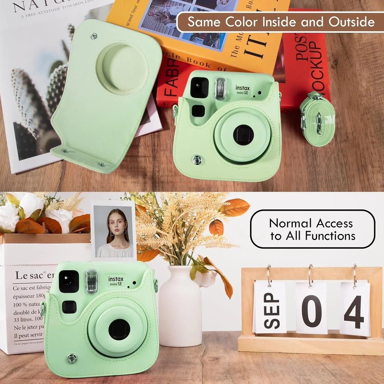 PU Leather Camera Case for Instax Mini SE – Protective Pouch with Adjustable Shoulder Strap - Green - Jaiman Toys