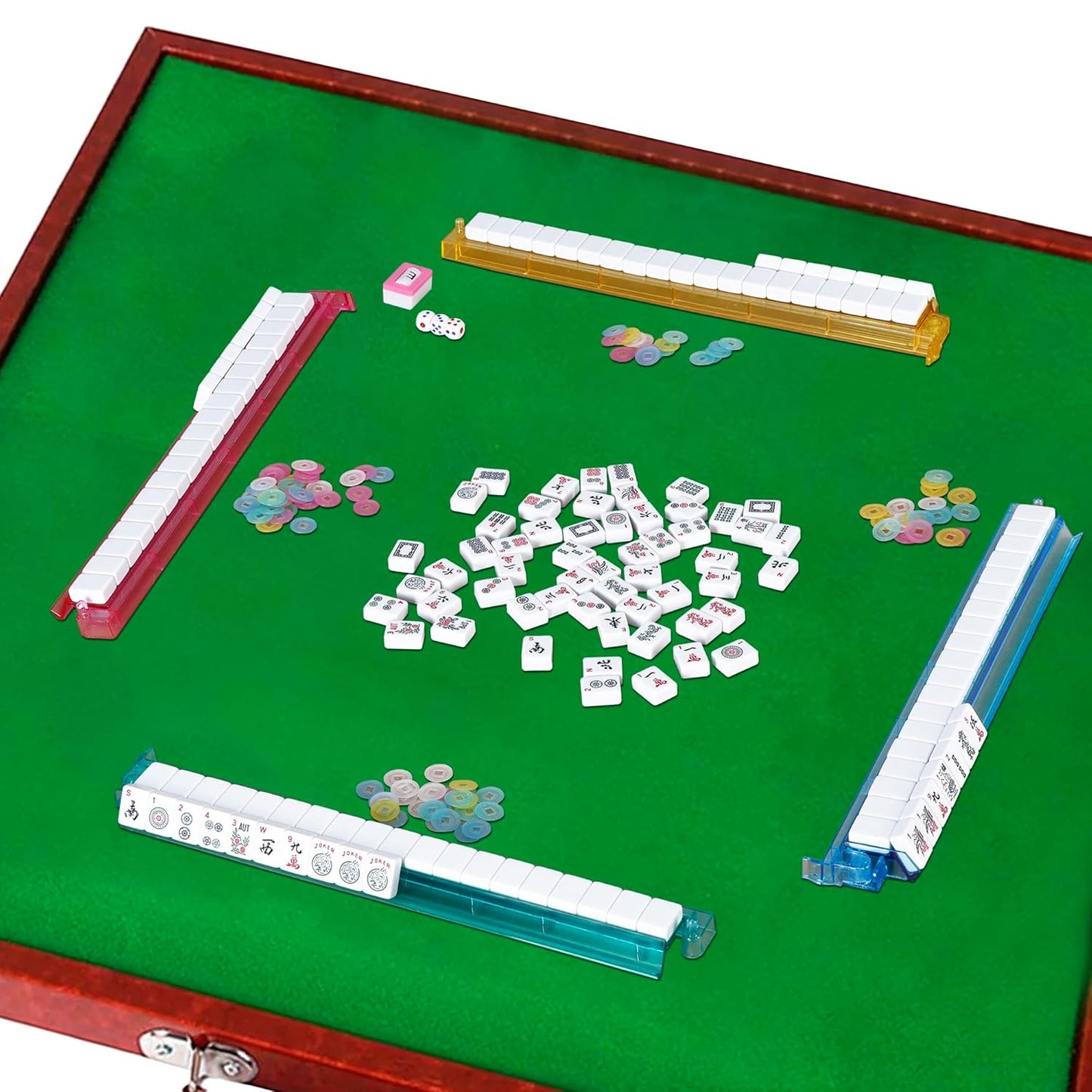 American Mahjong Set – 166 Tiles Complete Mah Jongg Game with 4 Color All-in-One Rack Pushers, Red Soft Carry Bag & Accessories | Classic Full Size Mahjong Tile Set
