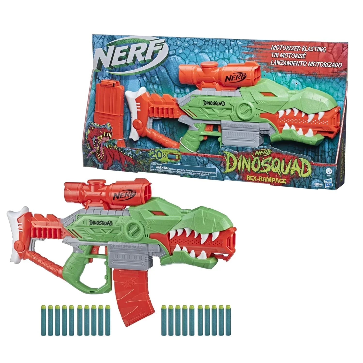 Nerf DinoSquad Rex-Rampage Motorized Dart Blaster, 10-Dart Clip, 20 Official Darts, 10-Dart Storage- T-Rex Dinosaur Design - Jaiman Toys