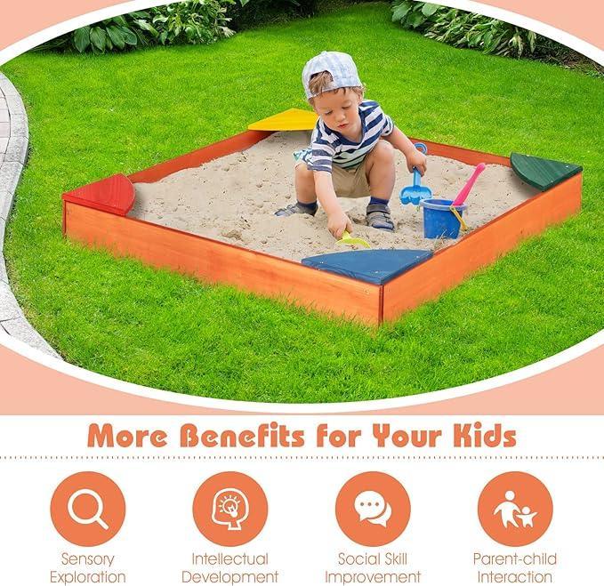 Plum Junior Wooden Sand Pit for Kids | Outdoor Sandbox with Colour Seat