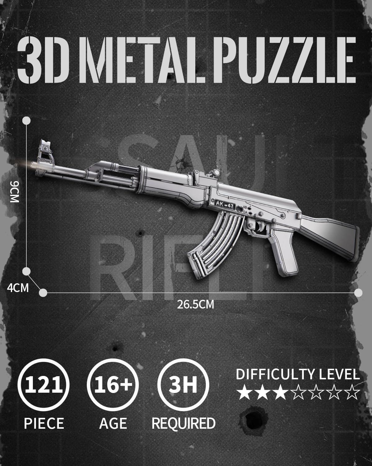 Piececool 3D Metal Puzzle AK-47 Assault Rifle Model – 121 Pieces – Level 3 Difficulty – Stainless Steel DIY Model Kit