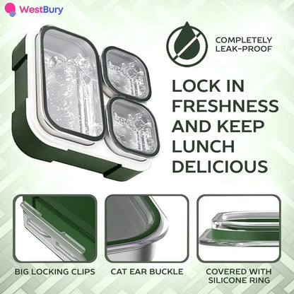 Stainless Steel Kids Lunch Box - 720ML Insulated Bento with Tableware & Bag, 3 Compartments, Leakproof, BPA-Free, Dishwasher Safe - Olive - Jaiman Toys