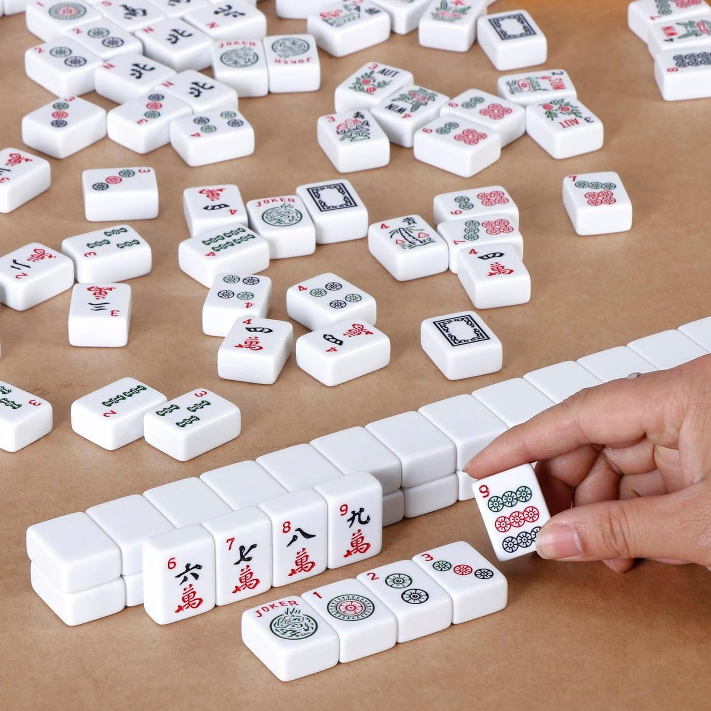American Mahjong Set – 166 Tiles Complete Mah Jongg Game with 4 Color All-in-One Rack Pushers, Red Soft Carry Bag & Accessories | Classic Full Size Mahjong Tile Set