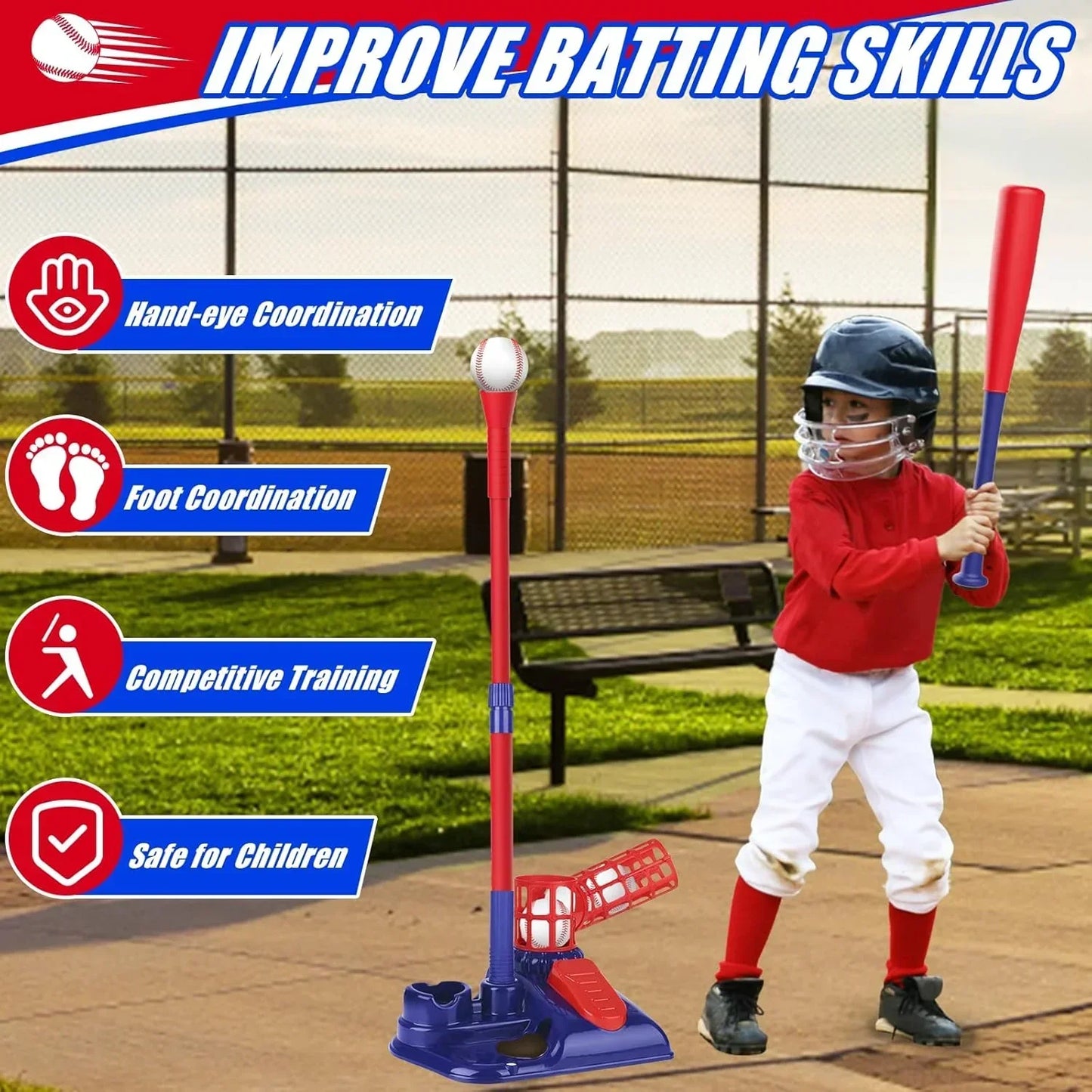 3-in-1 Kids Baseball Set – Tee Stand, Hanging Tee & Ball Launcher with 6 Balls | Adjustable Height Outdoor Game (Ages 3–12) - Jaiman Toys