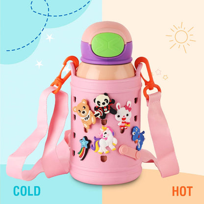 Kids Insulated Stainless Steel Water Bottle with Carry Pouch – Leakproof School Bottle with Shoulder Strap (Unicorn Design)