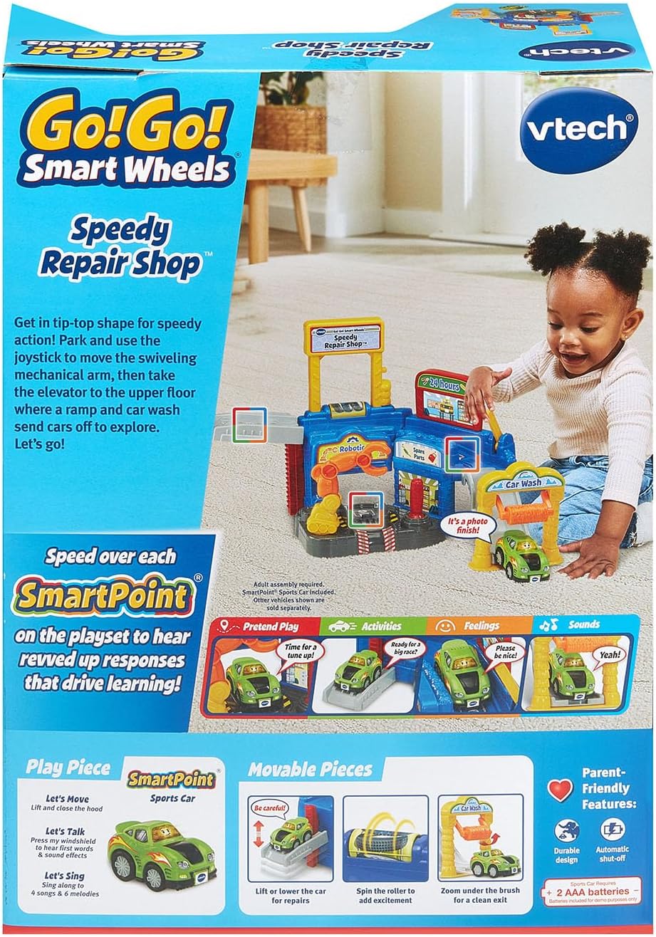VTech Go! Go! Smart Wheels Speedy Repair Shop | Interactive Vehicle Garage Playset with SmartPoint Car, Car Wash & Repair Station for Toddlers